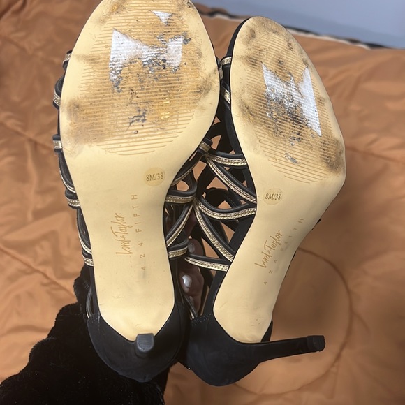 Lord & Taylor Black Suede Metallic Gold Gladiator Shoes Size 8 - Picture 6 of 8